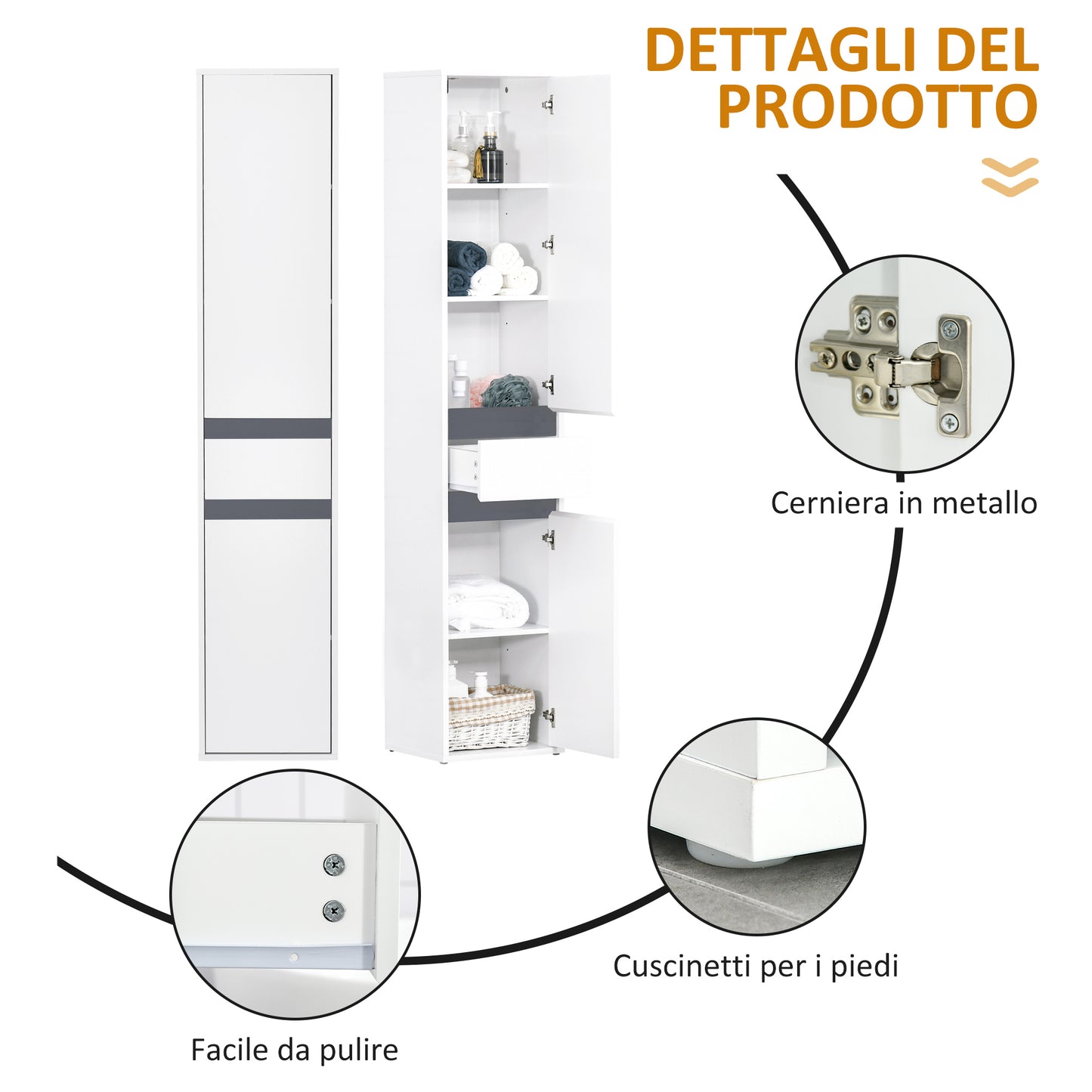 HOMCOM Bathroom Column with 2 Cabinets with Adjustable Shelf and Drawer, in Chipboard, 35x31x172 cm, White - Borgè