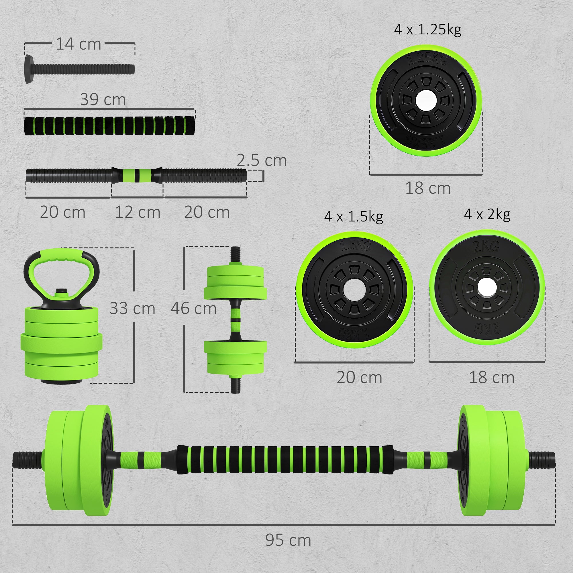 SPORTNOW 4-in-1 20kg Gym Weight Set, Convertible to Kettlebell, 2 Dumbbells, Barbell and Push-Up Stand, Green