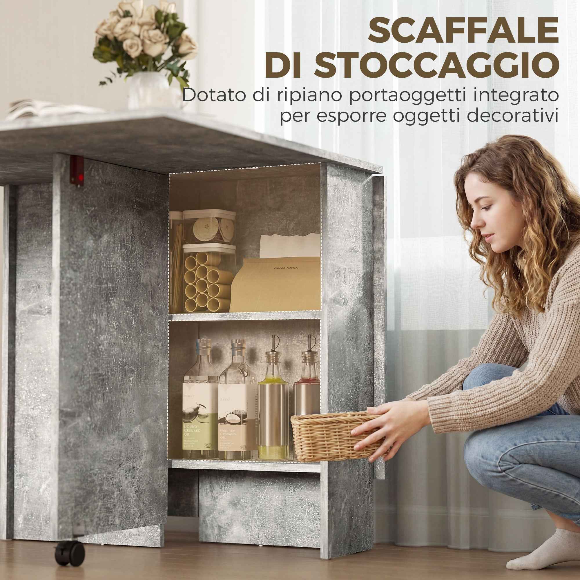 HOMCOM Folding Dining Table with Shelves, Drop-Leaf Top and Wheels, Cement Grey