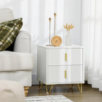 2-Drawer Wooden Nightstand with Metal Handles and Legs, 40x40x47 cm, White and Gold