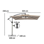 3x3 m Arm Umbrella with Adjustable Cover and Cross Base, in Metal and Polyester, Khaki color