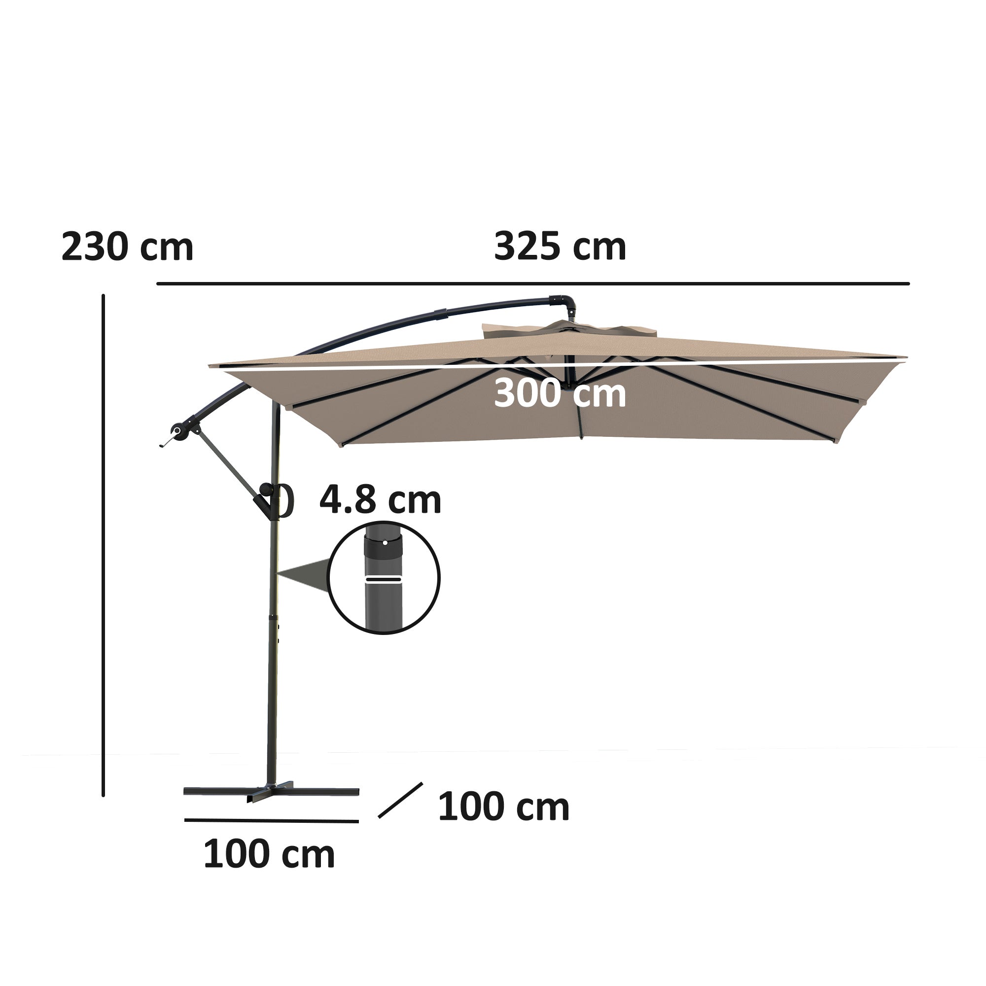 3x3 m Arm Umbrella with Adjustable Cover and Cross Base, in Metal and Polyester, Khaki color