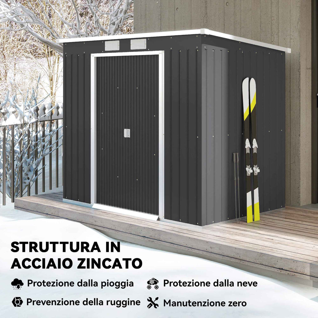 Outsunny Tool Shed with Sloped Roof, 2 Entrances and Air Vents, Steel, 213x130x172 cm, Dark Grey