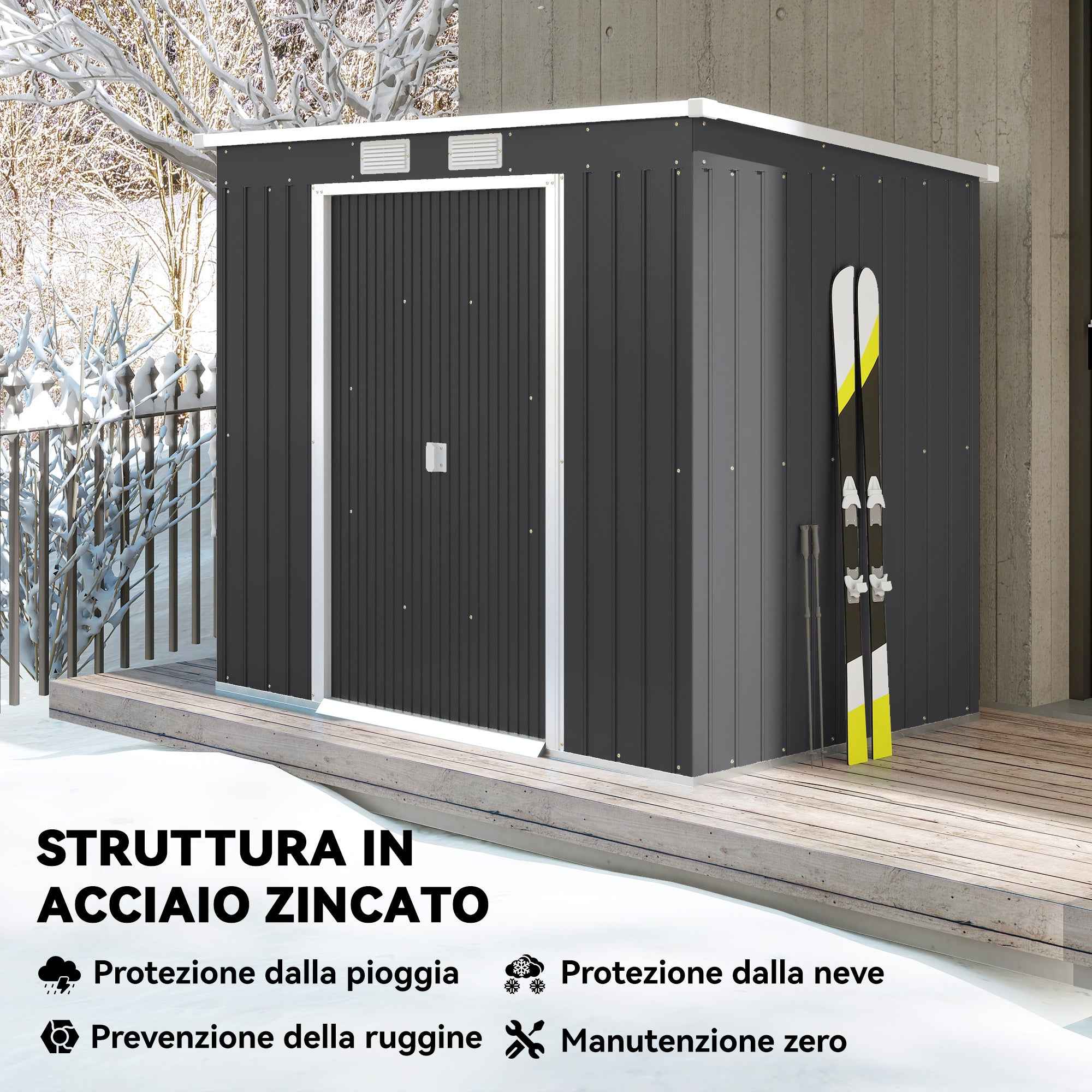 Outsunny Tool Shed with Sloped Roof, 2 Entrances and Air Vents, Steel, 213x130x172 cm, Dark Grey