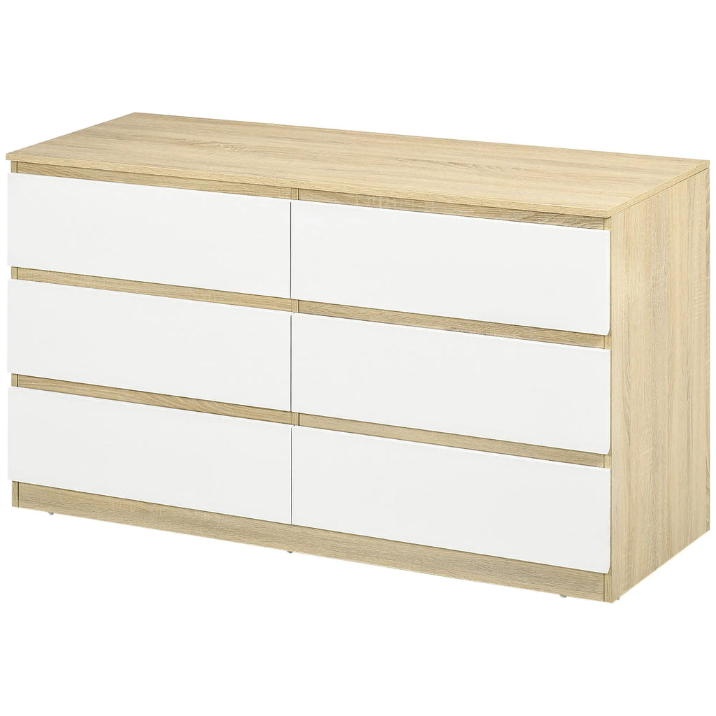 Modern 6 Drawer Wooden Chest of Drawers, 135x48x77cm, White and Wood Color