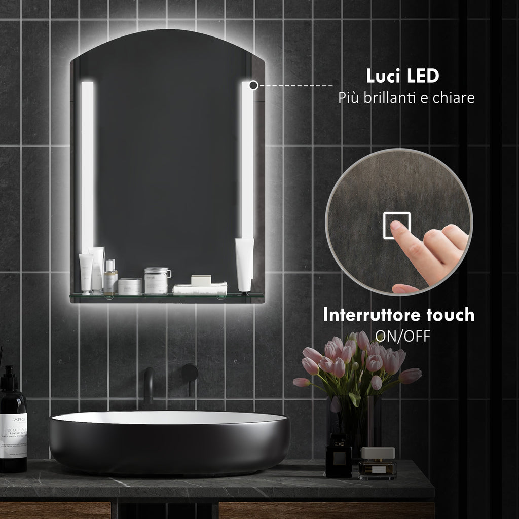 Bathroom Mirror with 3-Color Adjustable LED Light and Glass Shelf, 50x12x70 cm, Silver
