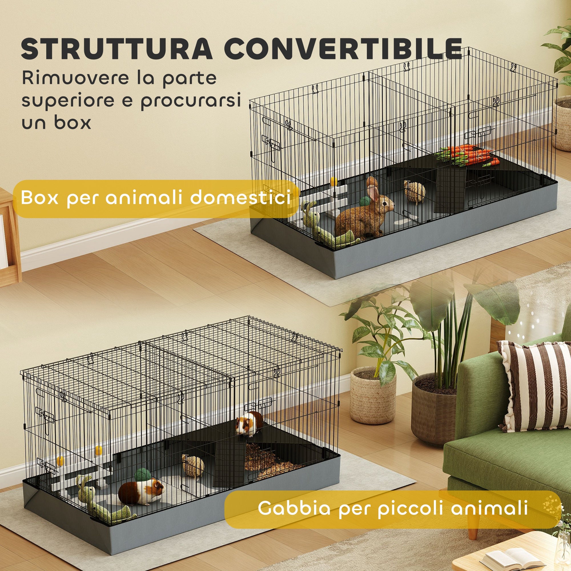 2 in 1 Small Animal Cage, Removable Lid and Separate Sections, 121x61x61 cm, Black
