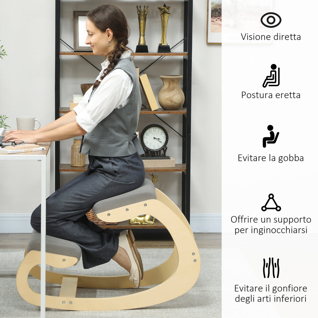 Ergonomic Kneeling Chair with Reclining Function, in Linen and Wood Effect Fabric, 55x85x55 cm, Light Grey