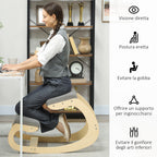 Ergonomic Kneeling Chair with Reclining Function, in Linen and Wood Effect Fabric, 55x85x55 cm, Light Grey