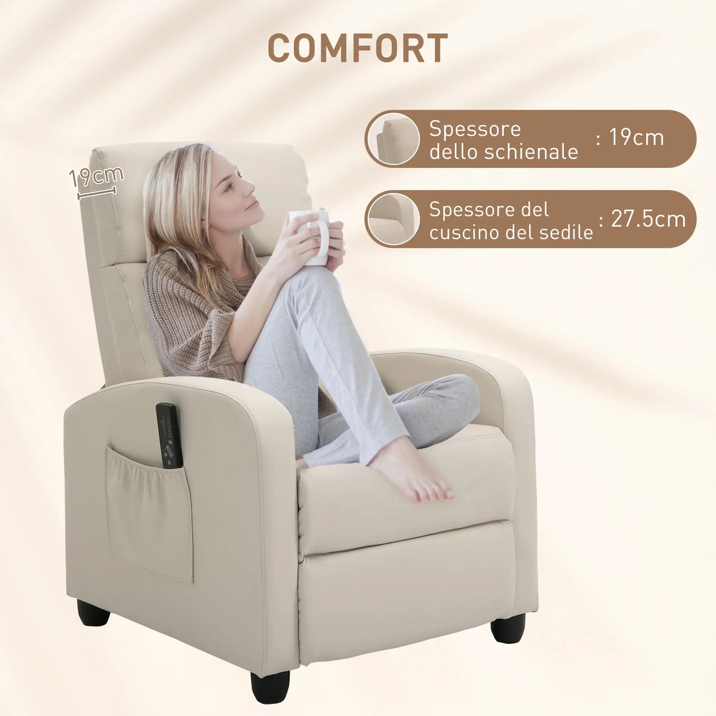 Massage Relax Chair with Remote Control and 8 Programs, Reclining and Footrest, 68x88x98cm, Cream