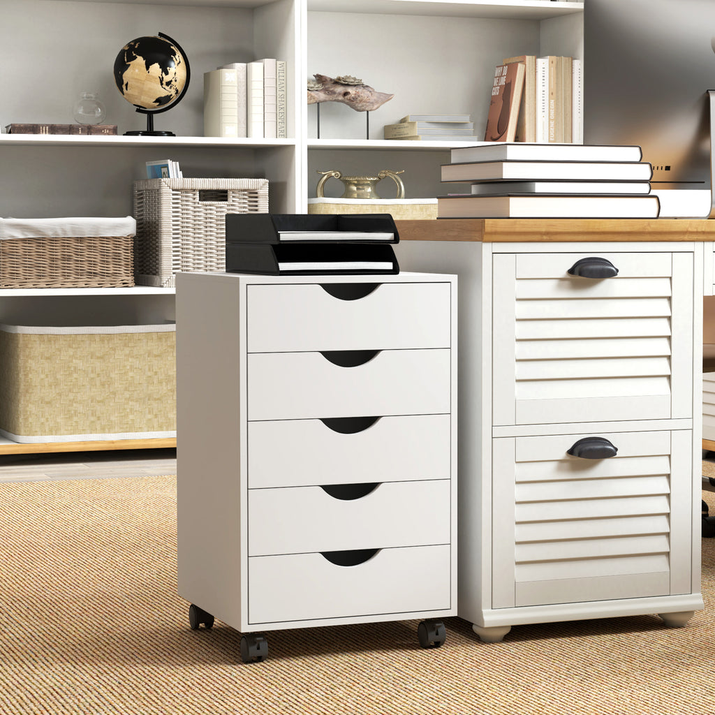 5-Drawer Office Chest with Swivel Casters with Brakes, 40x40x67 cm, White