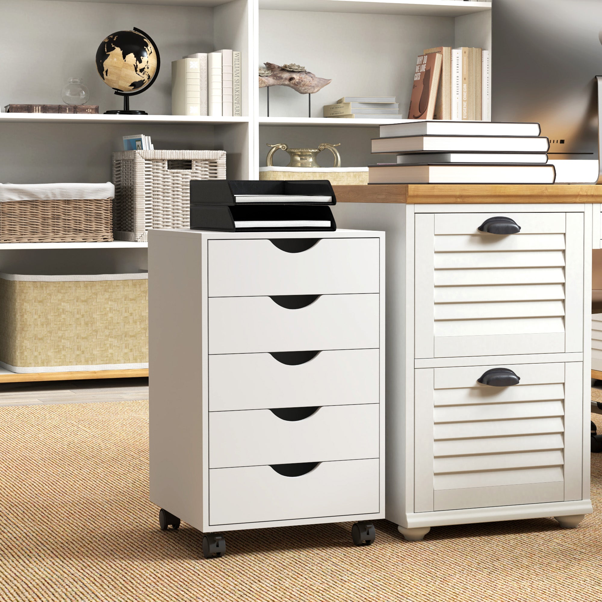 5-Drawer Office Chest with Swivel Casters with Brakes, 40x40x67 cm, White