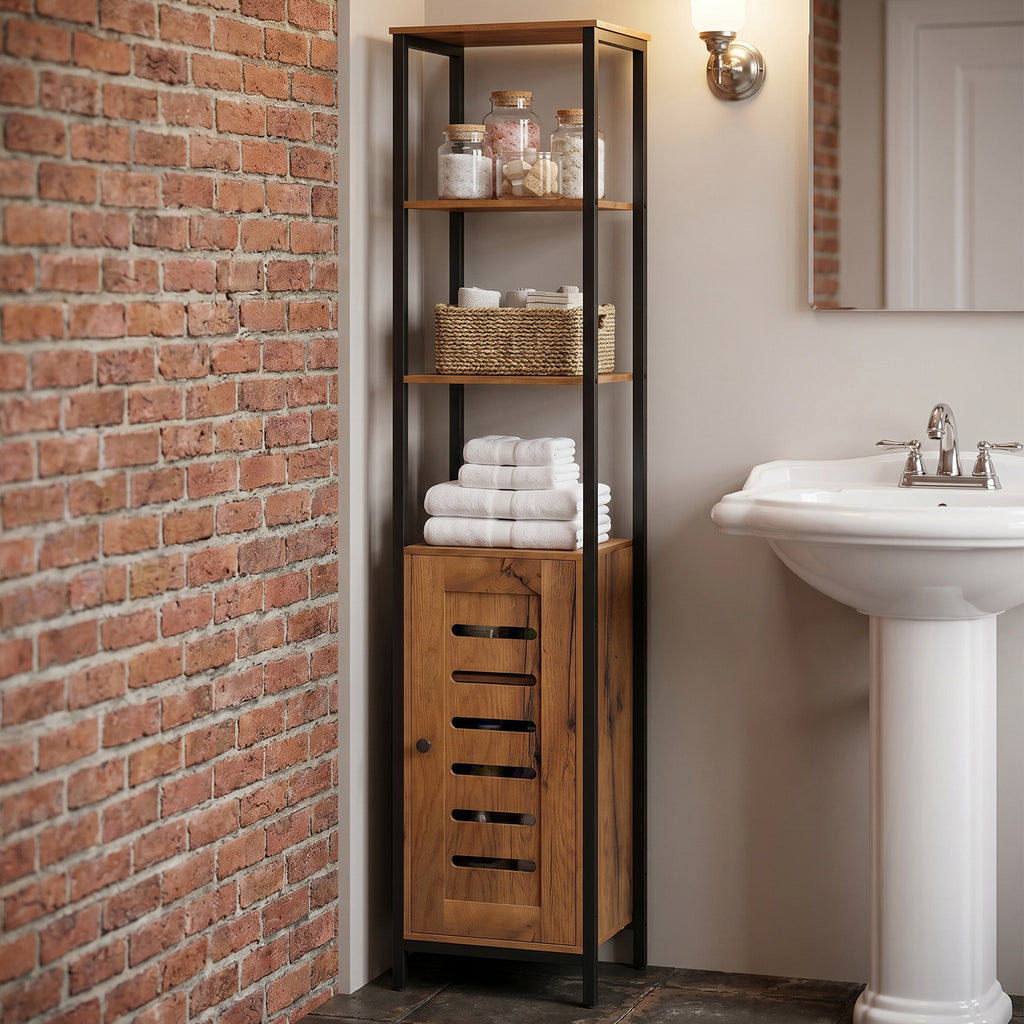 kleankin Tall Narrow Bathroom Cabinet, Space-Saving Bathroom Cabinet with Soft-Close Louvered Doors, 3 Open Shelves, Adjustable Shelves, Rustic Brown