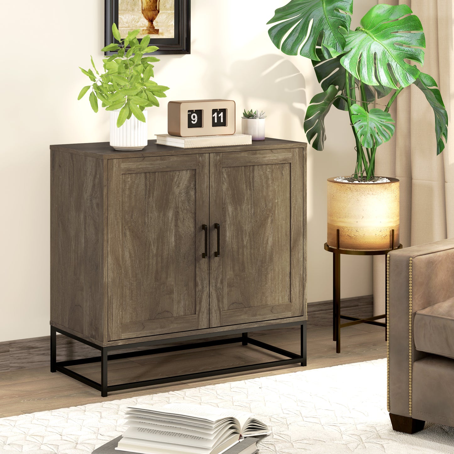 Living Room Sideboard 2 Tier with Adjustable Shelf, Wood and Steel, 80x40x78 cm, Brown and Black