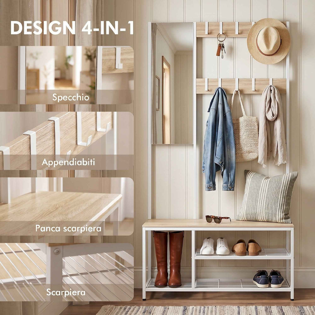 HOMCOM Hallway Coat Rack with Full-Length Mirror and Shoe Bench, Wood and Metal, Wood Color