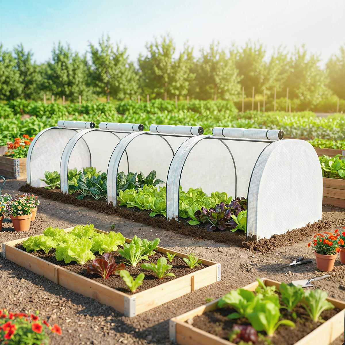 Outsunny Waterproof Anti-UV Steel and Plastic Tunnel Greenhouse with 4 Doors, 395x100x80 cm, White