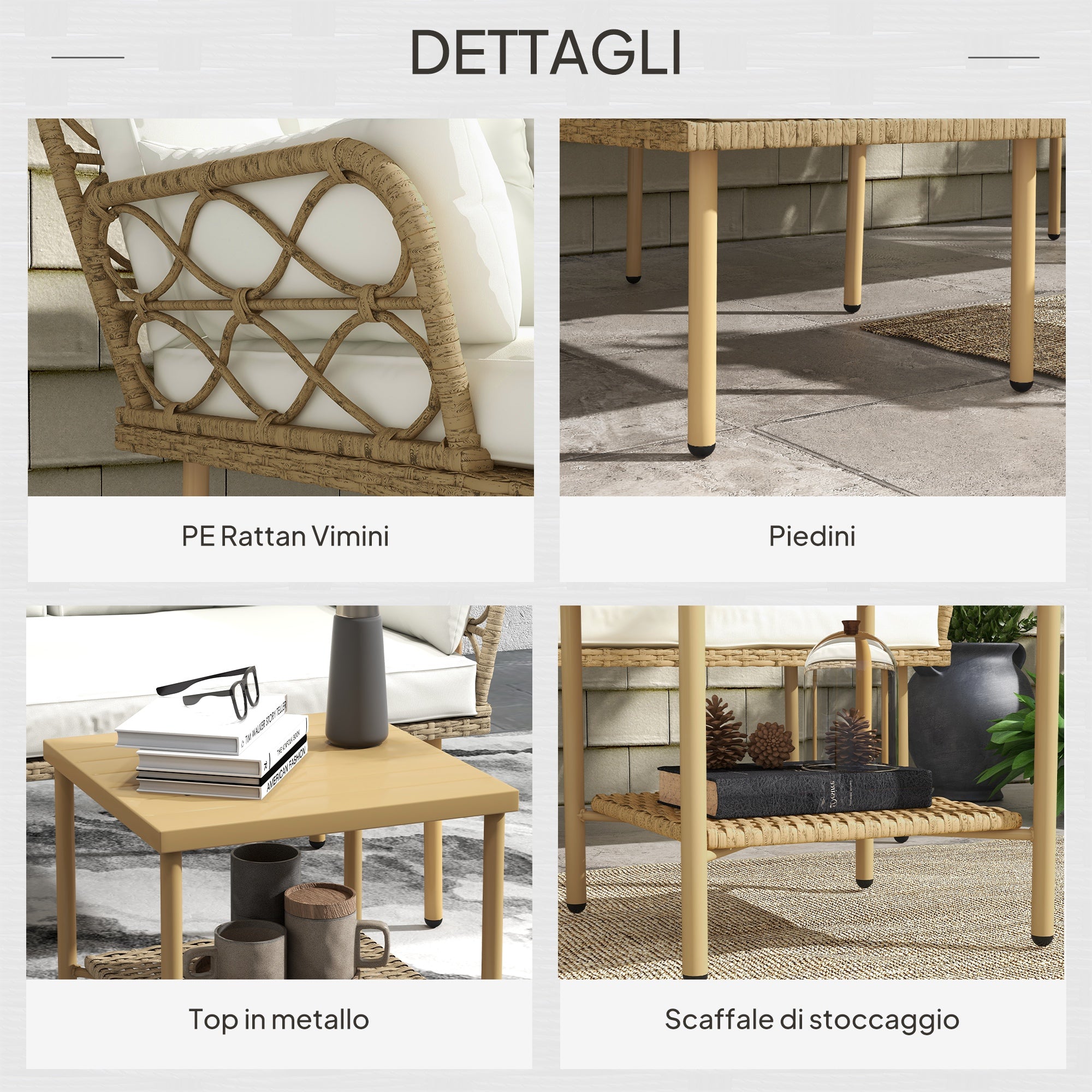 Outsunny 3-Piece Garden Set with Chaise Longue, Sofa, Cushions and Coffee Table, in Rattan and Steel, Cream White and Wood