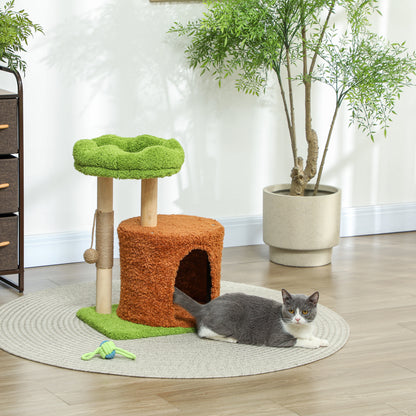 Cat Scratching Tree with House, Bed and Toy Ball, Made of Wood and Plush, 44x33x61 cm, Green