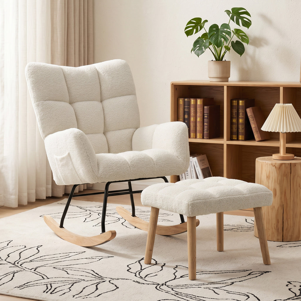 HOMCOM Sherpa Rocking Chair with Footrest, Side Pockets, Thick Seat and Quilted Design, Cream