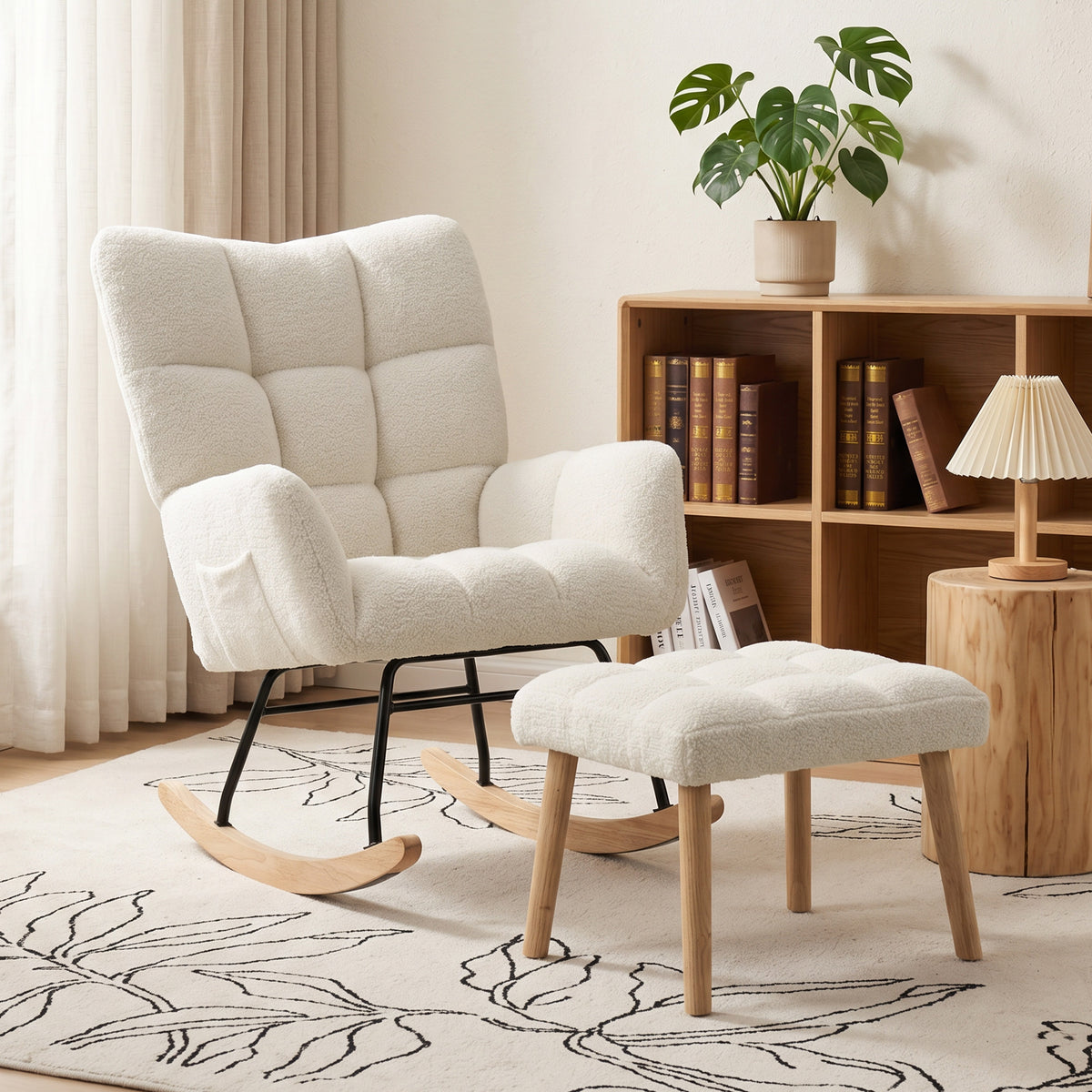 HOMCOM Sherpa Rocking Chair with Footrest, Side Pockets, Thick Seat and Quilted Design, Cream