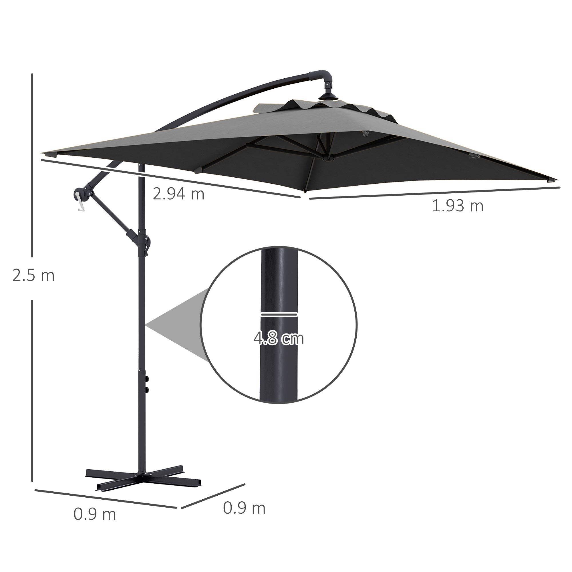 Decentralized Garden Umbrella with Cross Base and Crank Opening, 294x193cm, Gray - Borgè