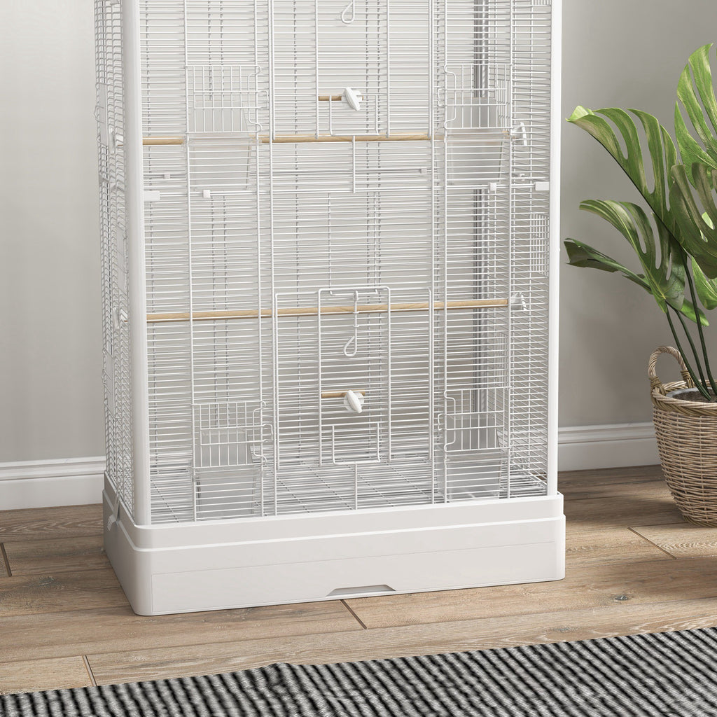 PawHut Bird Cage with Removable Tray and Perches, Parrot Aviary, 61x36.5x98 cm, White