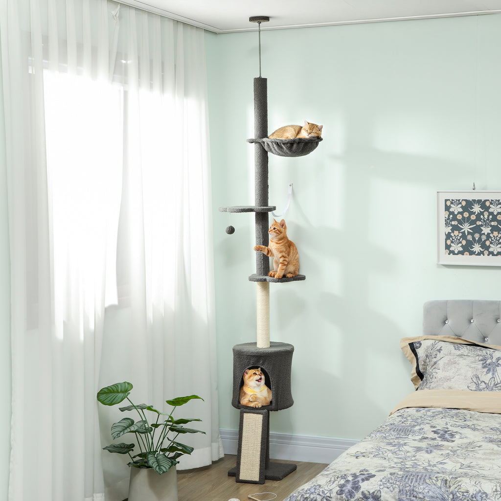 220-240cm High Ceiling Cat Tree with Hammock, House, Flower Platforms and Sisal Posts, Grey