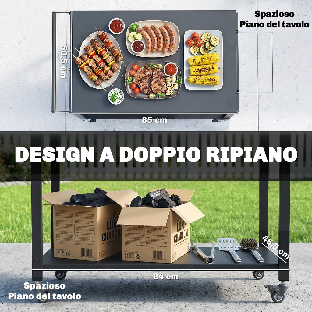 Outsunny Barbecue Cart, 2 Shelves, Pizza Stand, Bag Holder and Hooks, Black.