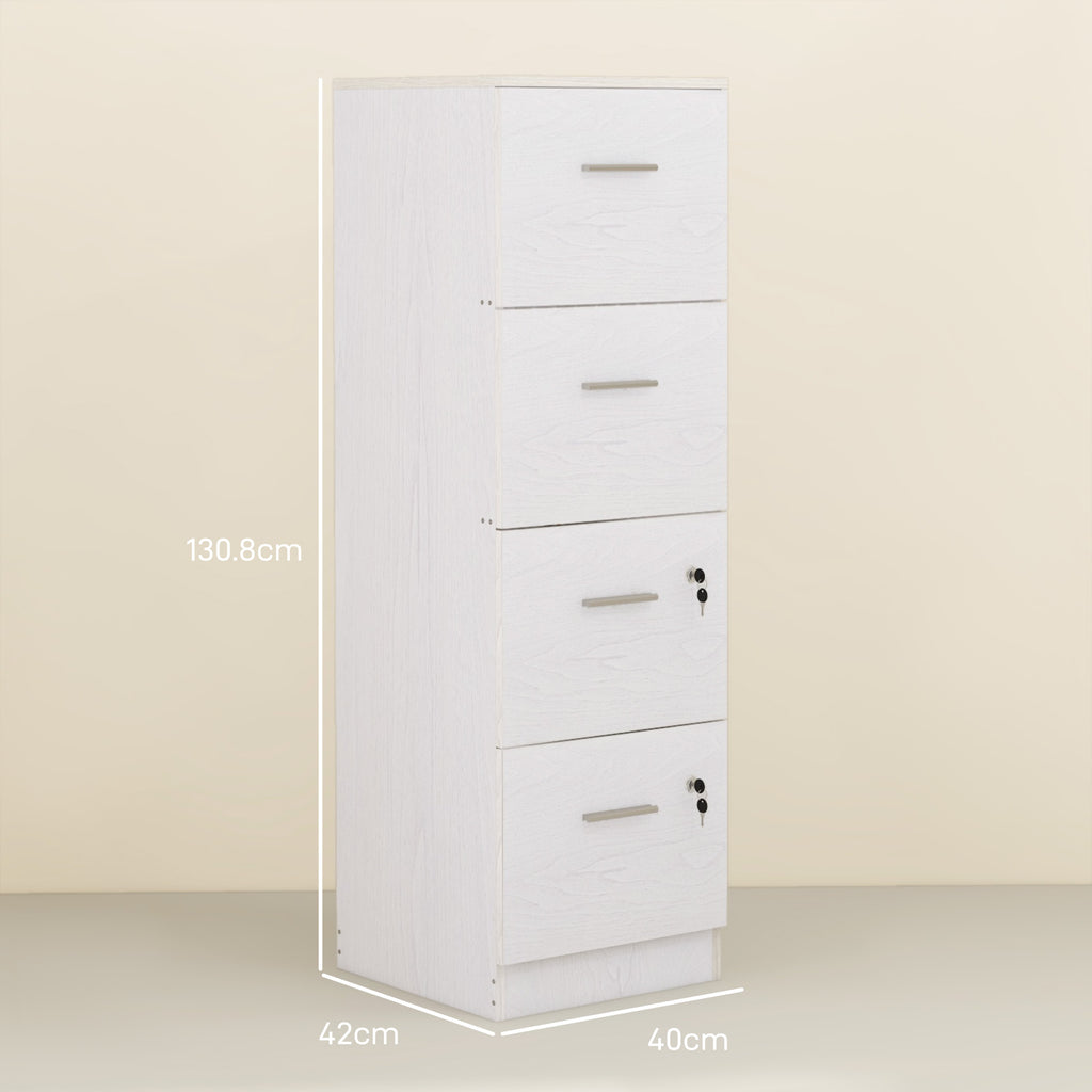 4 Drawer Office Cabinet with 2 Locks and Document Holder Bar, Wooden, 40x42x130.8 cm, White