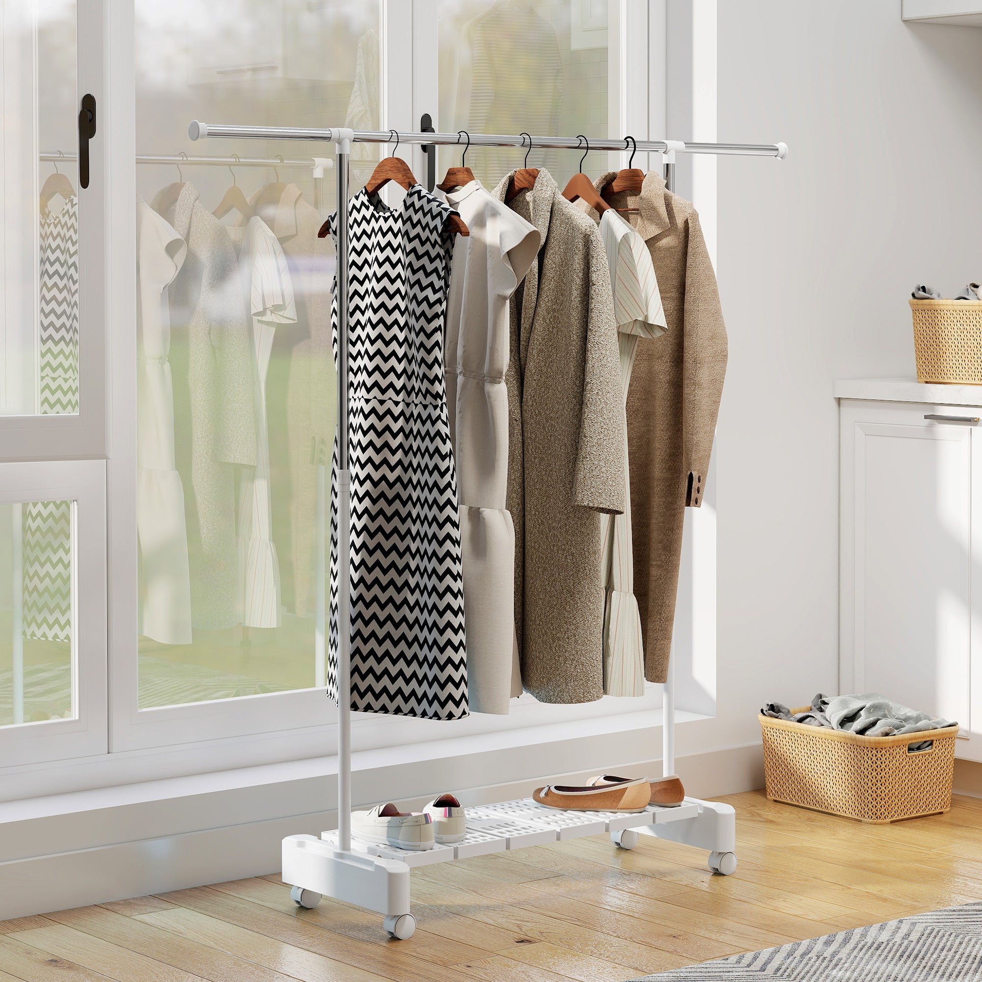 Extendable Clothes Airer with Wheels and Brake, Shoe Rack and Stainless Steel Frame, White