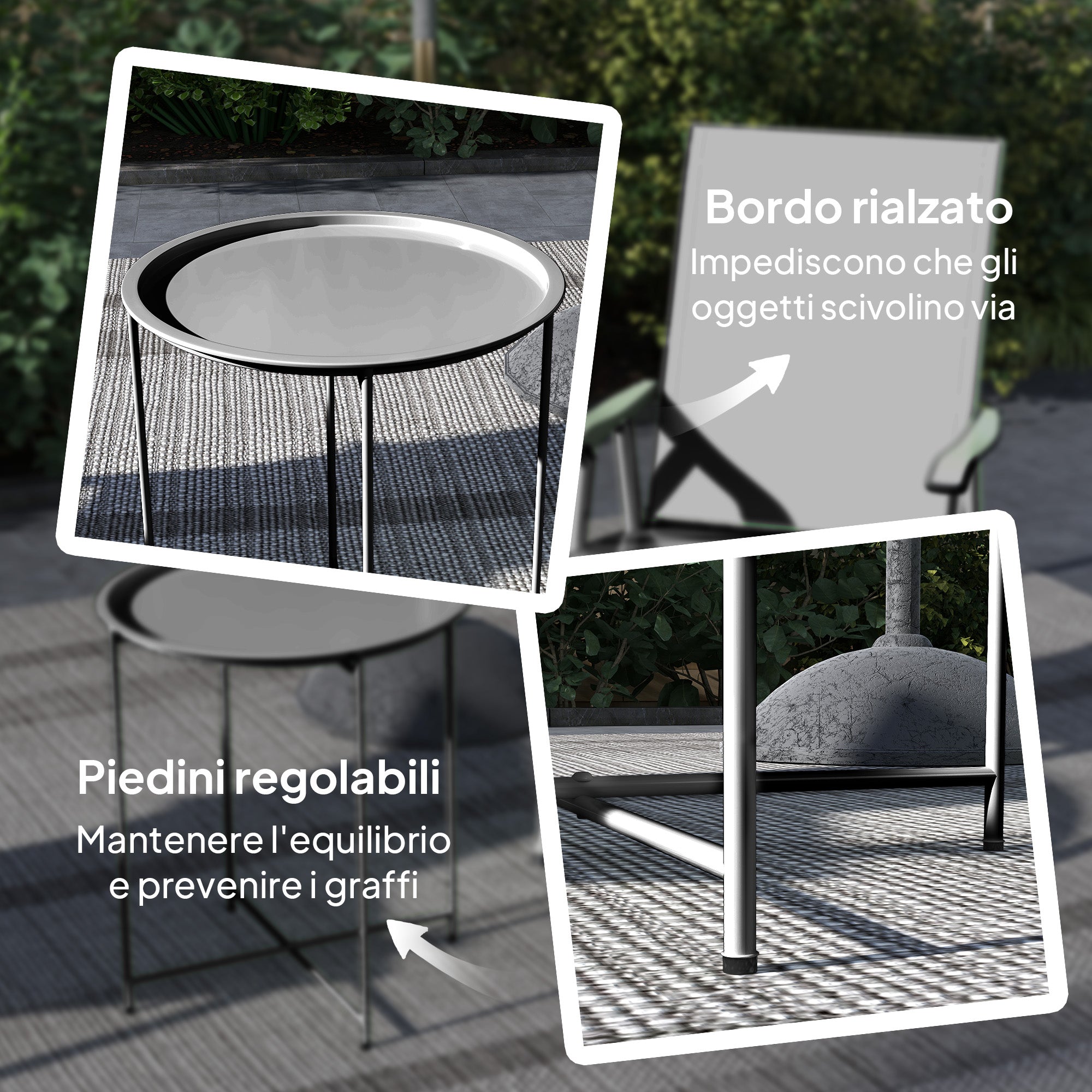 Garden Coffee Table with Removable Tray and Folding Steel Legs, Ø46x50 cm, Black