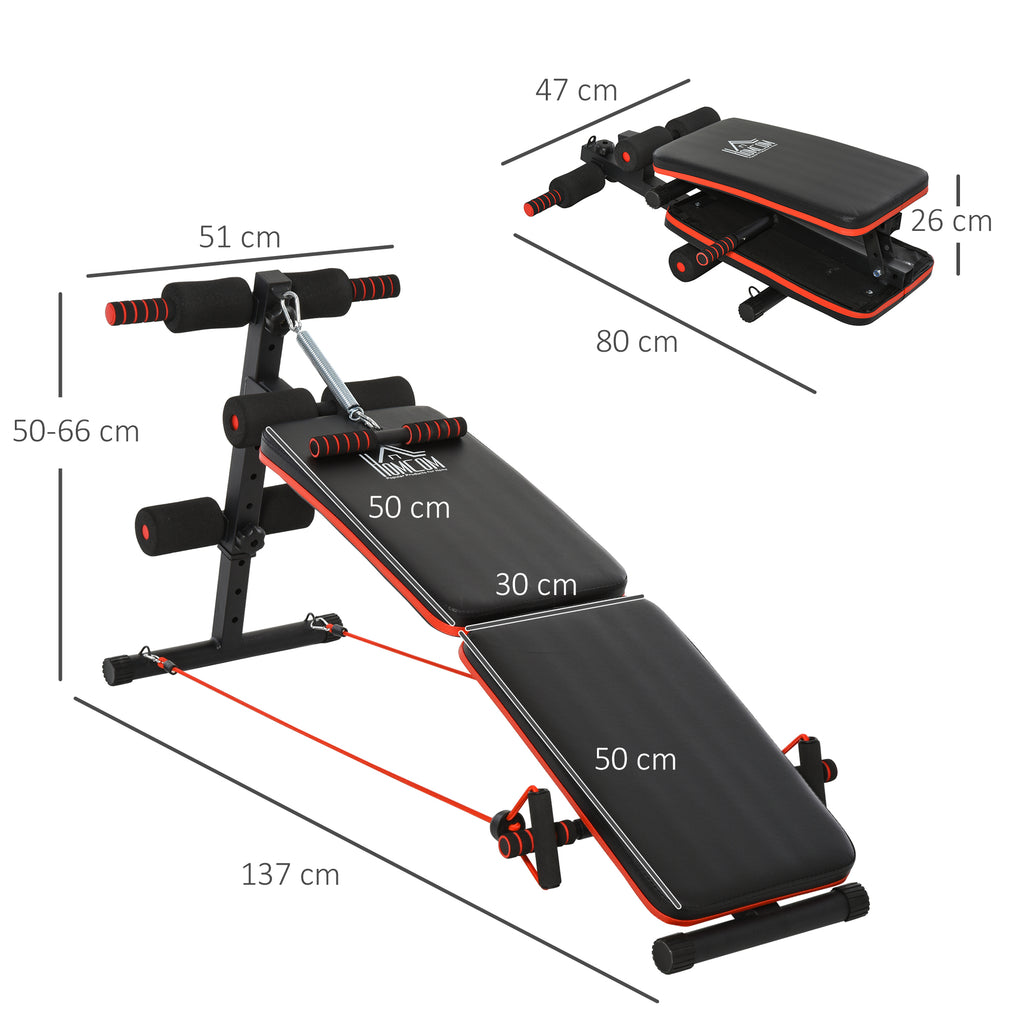 Folding and Adjustable Abdominal Bench with Rowing Machine and 2 Ropes, Steel 51x137x50-66 cm, Black and Red