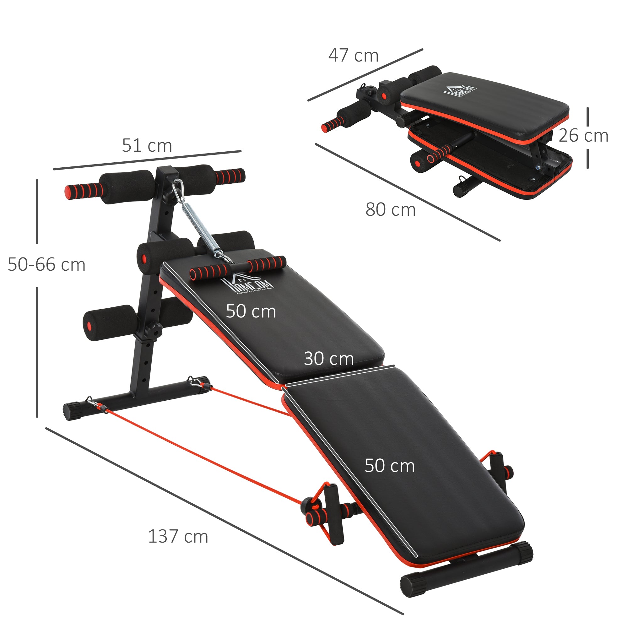 Folding and Adjustable Abdominal Bench with Rowing Machine and 2 Ropes, Steel 51x137x50-66 cm, Black and Red