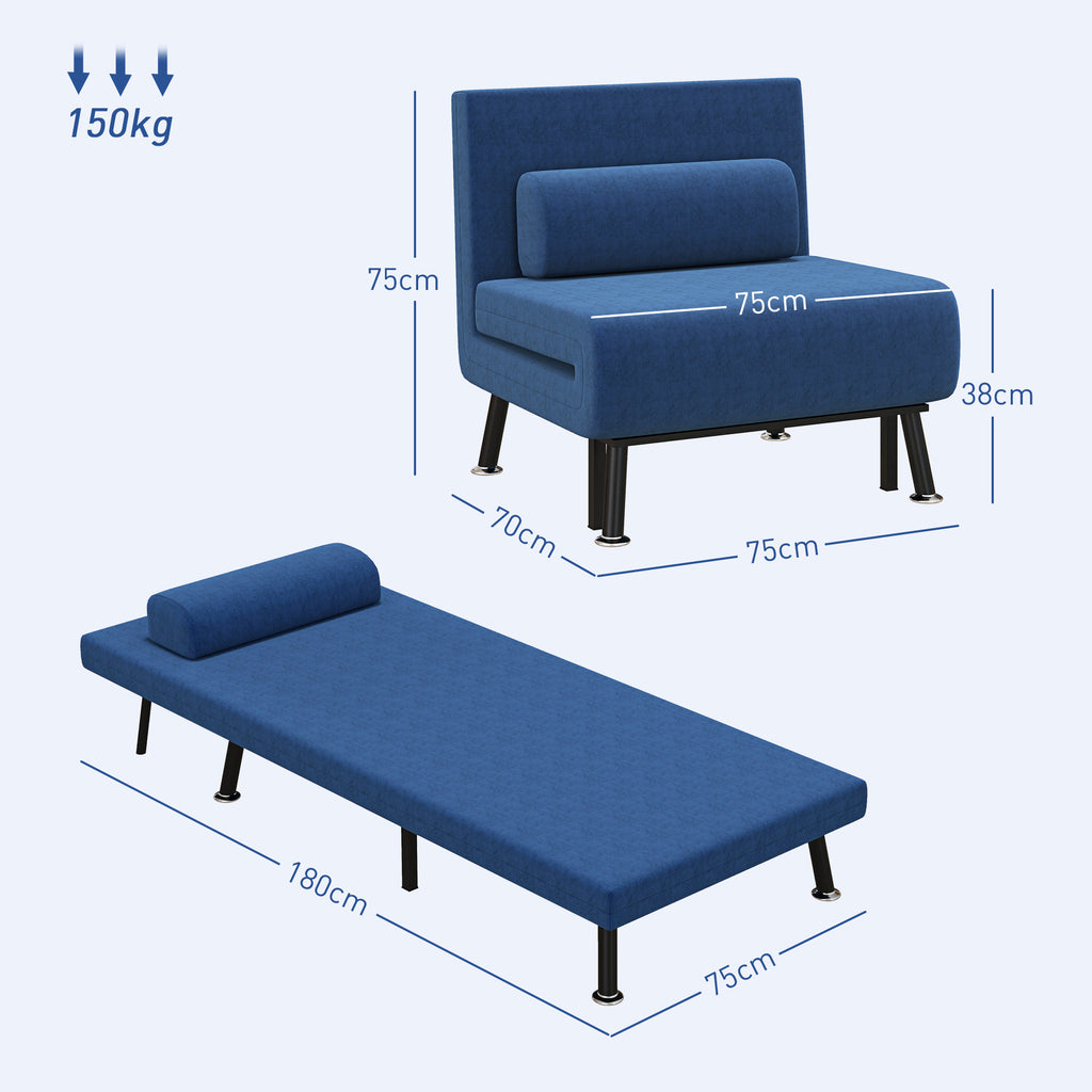 Armchair Bed with Adjustable Backrest in 5 Positions, in Linen Effect Fabric and Steel, 75x70x75 cm, Dark Blue