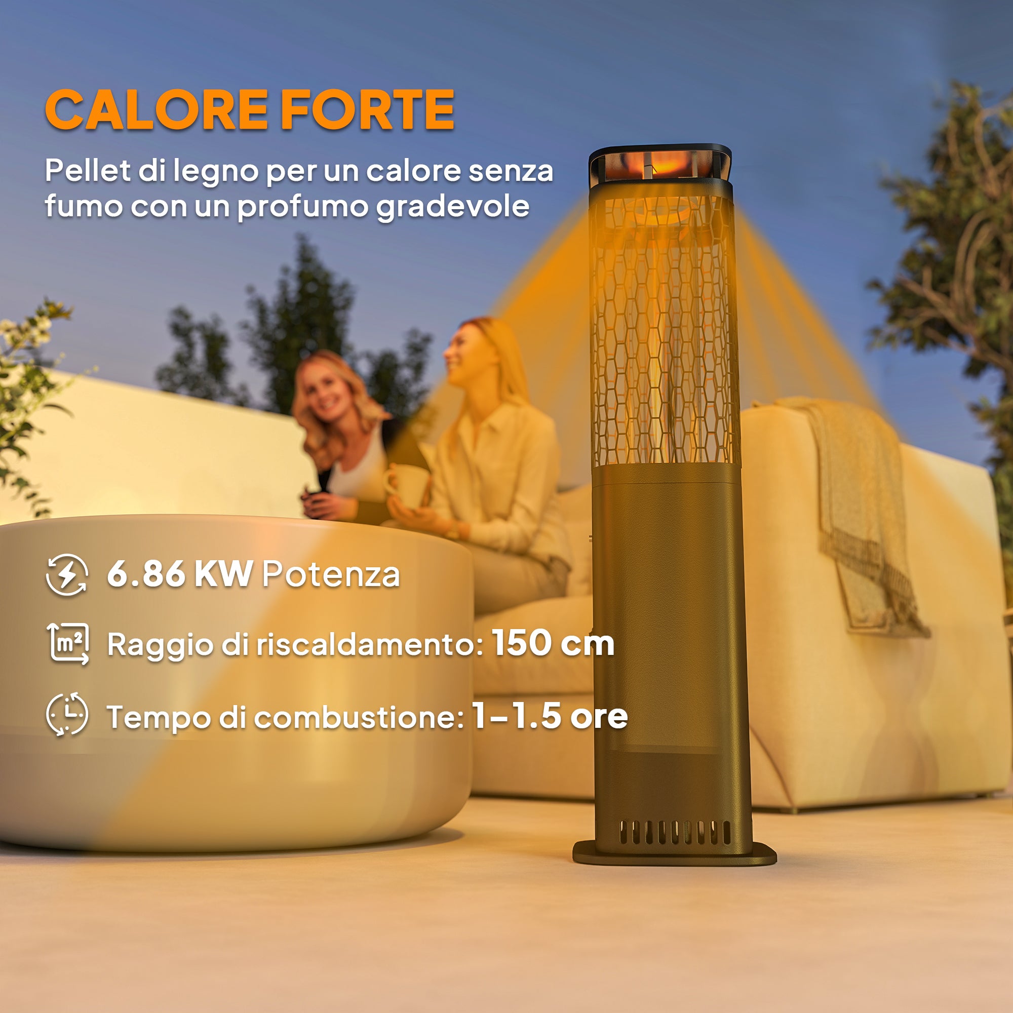 Outdoor Pellet Stove, 6.86 kW, Non-Slip Base, Glass Tube, and Metal Mesh, Black