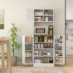 Kitchen Pantry Microwave Stand with Open Shelves and Cabinet with Spice Rack, 60x35x169 cm, White