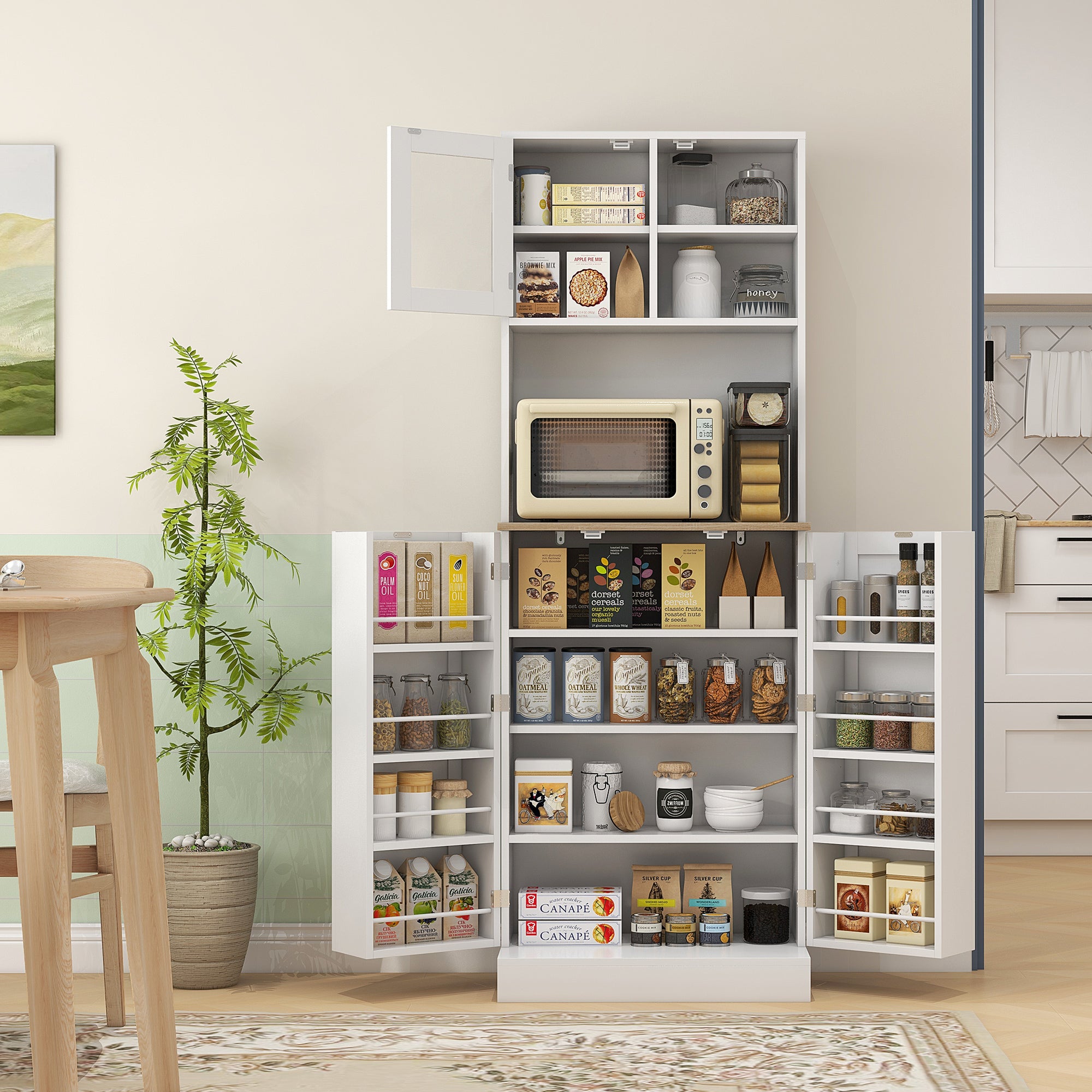 Kitchen Pantry Microwave Stand with Open Shelves and Cabinet with Spice Rack, 60x35x169 cm, White