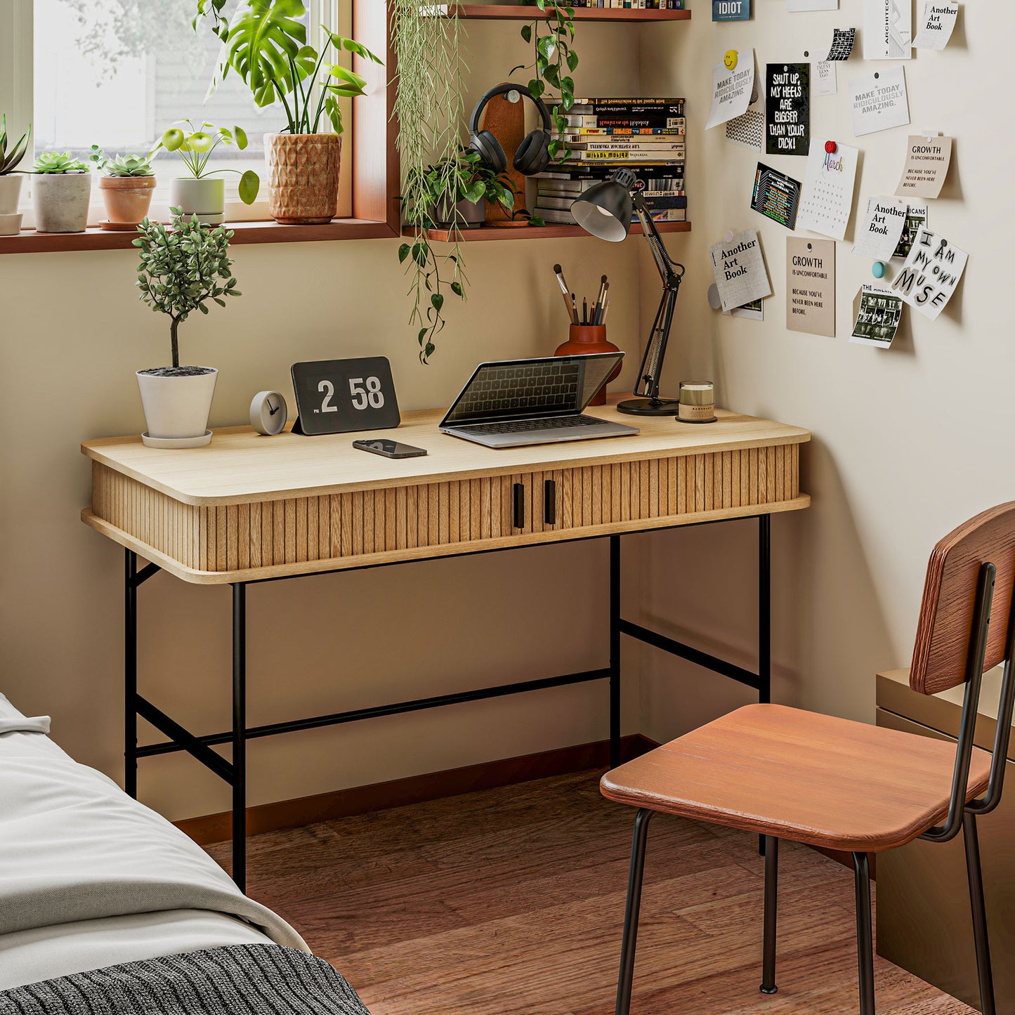 Bedroom and Office Desk with Fluted Doors, Wood and Steel 120x60x76.5cm, Oak and Black