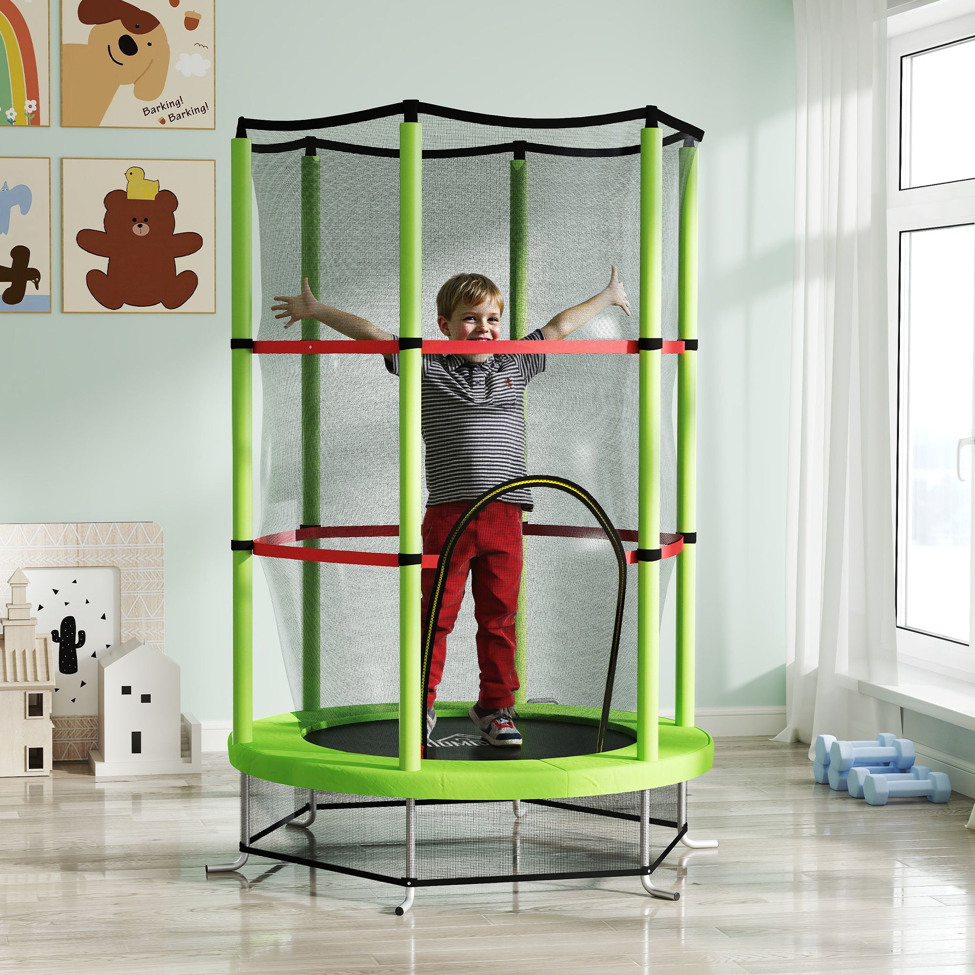 Trampoline for Children 3-6 Years with Safety Net, 6 Columns and 3 Entrances, Ø140x190 cm, Green and Black