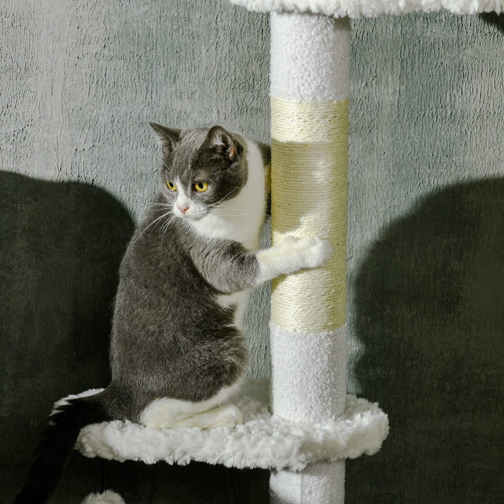 Ceiling Cat Tree with Adjustable Height and Cotton Scratching Posts, 48x32x225-255 cm, White