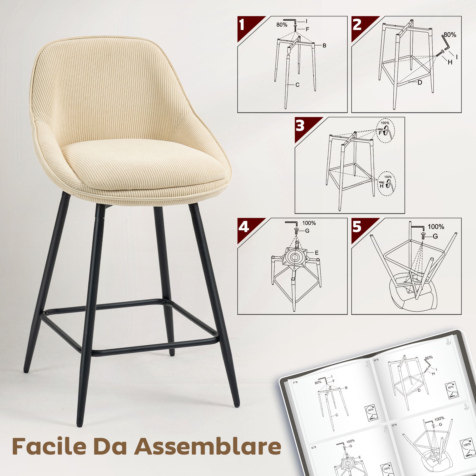 Set of 2 Swivel Bar Stools with Backrest and Armrests, Corduroy Upholstery and Footrest, Beige