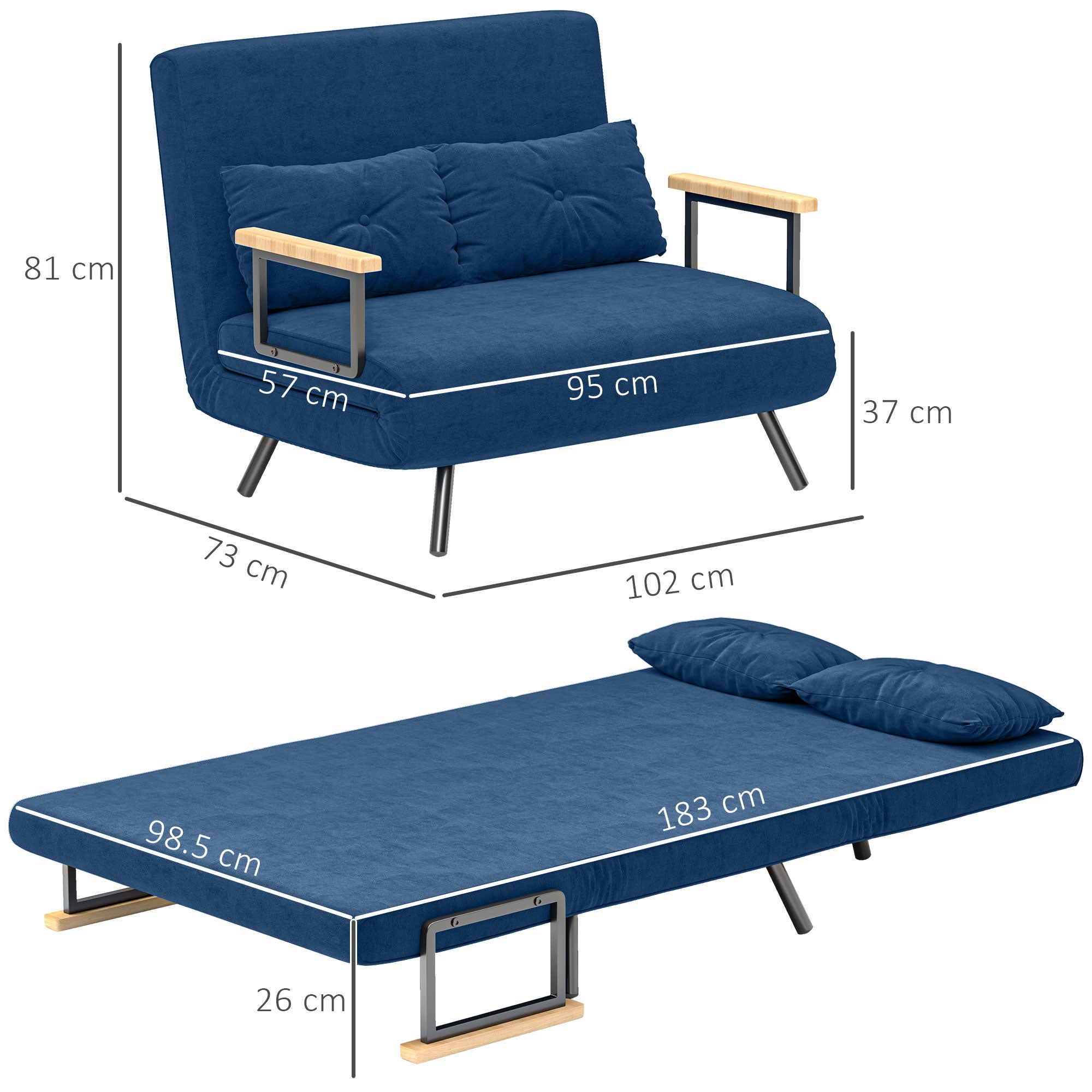 3 in 1 Velvet Fabric Sofa Bed with Adjustable Backrest and 2 Cushions, 102x73x81 cm, Blue