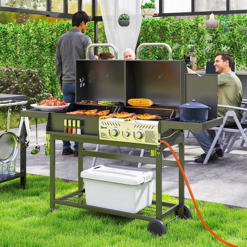 Charcoal and Gas Barbecue with 3 Burners and Lid, Thermometer, Wheels and Shelves, Black