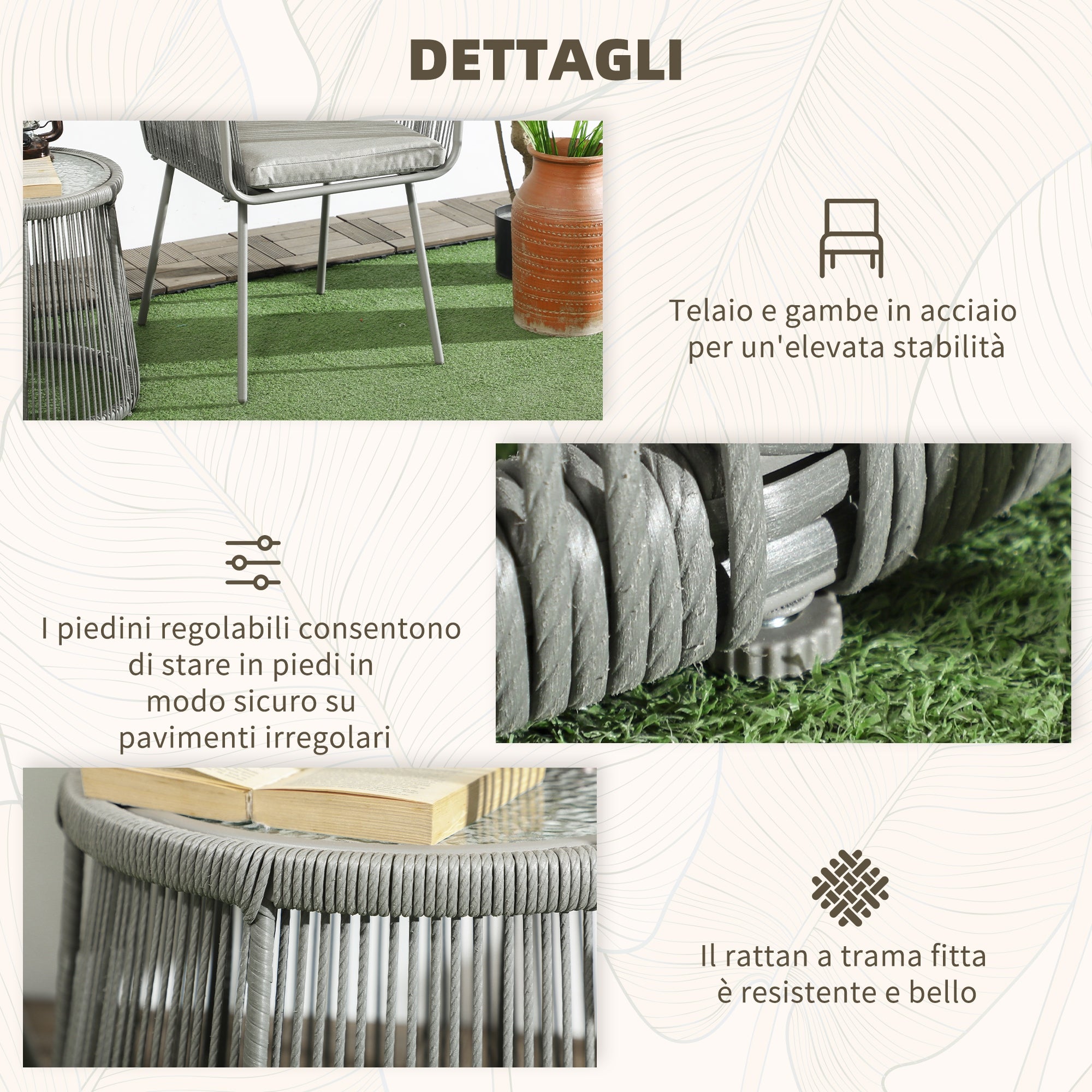 Outdoor Set with Glass Coffee Table and 2 Rattan Garden Chairs Boho Style, Light Grey