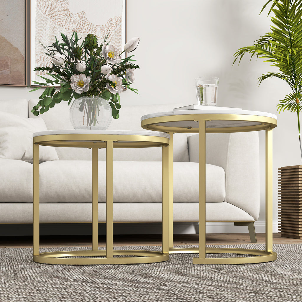 Set of 2 Coffee Tables with Marble Effect Top, in Wood and Steel, Ø50x50.5 cm and 60x36x43.5 cm, White
