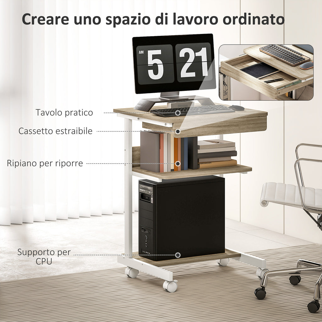 PC Desk with Sliding Drawer, 2 Shelves and 4 Wheels, in Wood and Metal, 56x51x79 cm, White and Oak