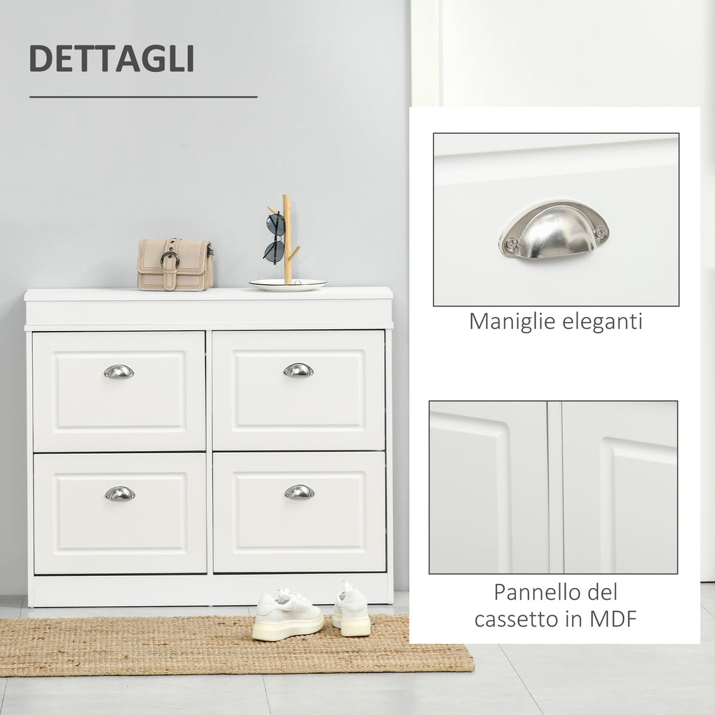 Space-Saving Wooden Shoe Rack with 4 Flap Drawers and Adjustable Shelf for 16 Shoes, 98x24x83cm, White