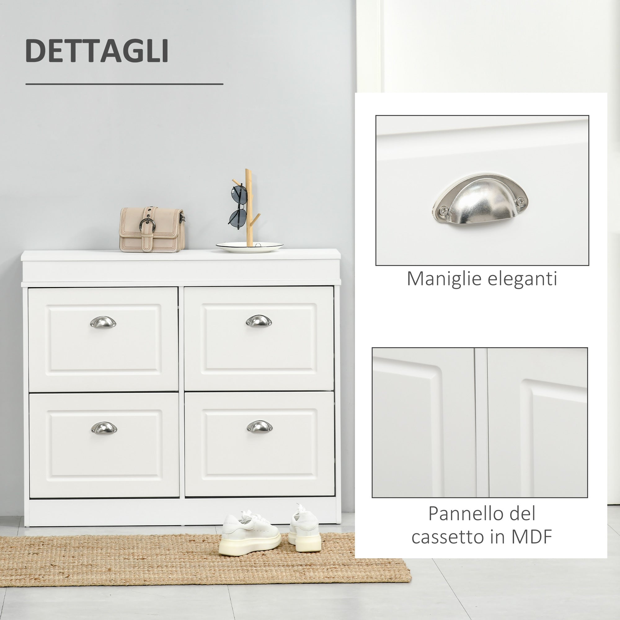 Space-Saving Wooden Shoe Rack with 4 Flap Drawers and Adjustable Shelf for 16 Shoes, 98x24x83cm, White