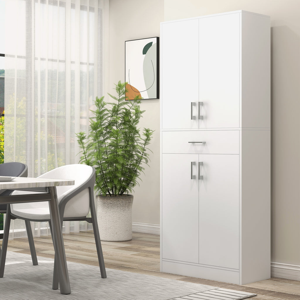 Tall Kitchen Sideboard with 2 Cabinets and a Central Drawer, Adjustable Shelves and 4 Doors in Total, White