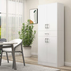 Tall Kitchen Sideboard with 2 Cabinets and a Central Drawer, Adjustable Shelves and 4 Doors in Total, White